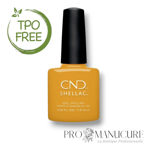 Flacon de vernis semi-permanent CND Shellac Among The Marigolds, teinte jaune orangé ambré crémeux, format 7,3ml, formule sans TPO.