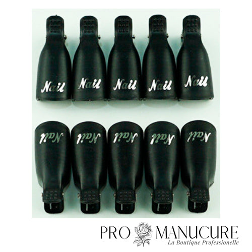 Lot de 10 pinces de dépose noires réutilisables pour retrait de vernis semi-permanent et faux ongles.