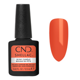 Flacon CND Shellac B-Day Candle 12,5 ml accompagné de son nuancier corail orangé vif