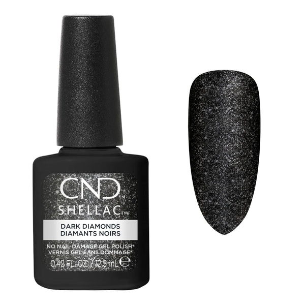 Nuancier CND Shellac Dark Diamonds – noir scintillant aux particules argentées