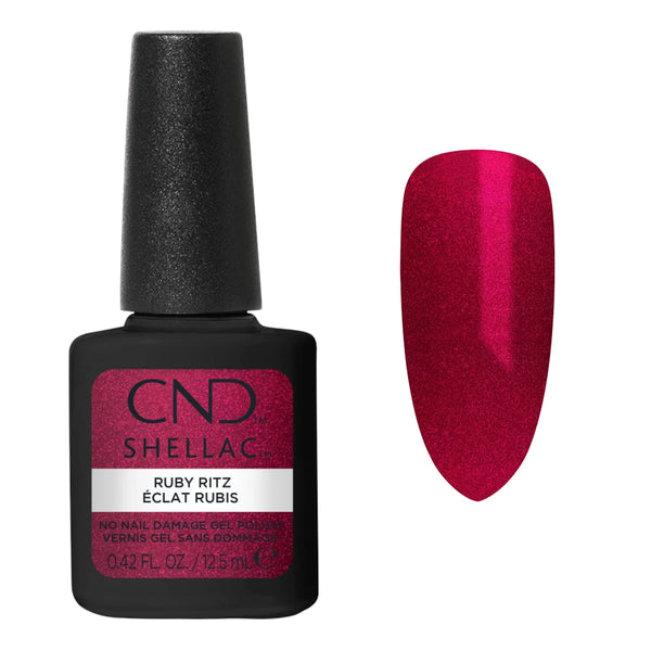 Nuancier CND Shellac Ruby Ritz – rouge rubis intense aux reflets scintillants