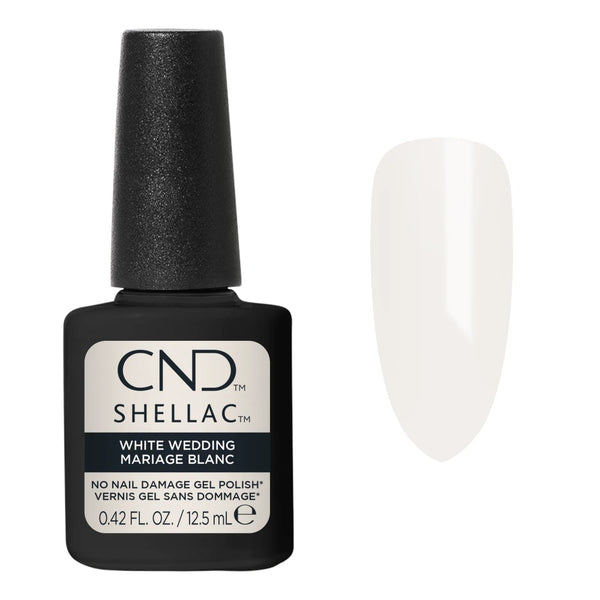 Nuancier CND Shellac White Wedding, teinte blanc nacré délicat pour manucure de mariage