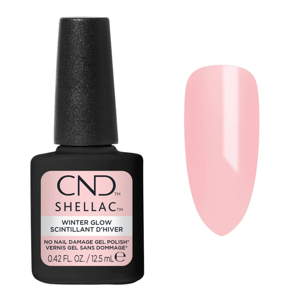 CND Shellac Winter Glow 12,5 ml avec nuancier nude rosé clair aux reflets champagne