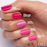 Nuancier comparatif de cinq teintes roses CND : Pink Leggings, Kiss the Skipper, Tutti Frutti, Pink Bikini et Hot Pop Pink sur les ongles.